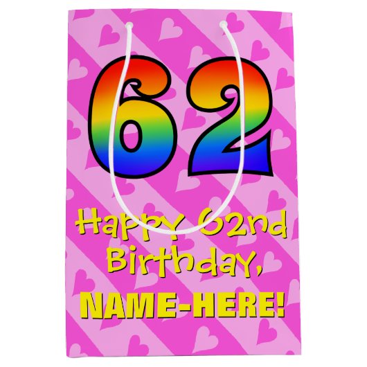 62e verjaardag: Leuke roze harten strepen; Regenbo Medium Cadeauzakje (Voorkant)