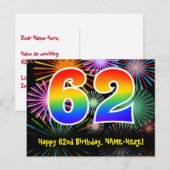 62e Verjaardag – Leuke Vuurwerk Patroon + Regenboo Briefkaart (Voorkant / Achterkant)