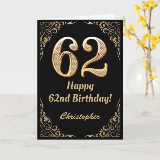 62e verjaardag Lijst zwart-wit en goudglitter Kaart (Gele Bloem)