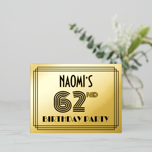 62e verjaardag partij ~ Art Deco Style "62" + naam Folie Uitnodiging Briefkaart (Staand Voorkant)