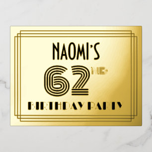 62e verjaardag partij ~ Art Deco Style "62" + naam Folie Uitnodiging Briefkaart