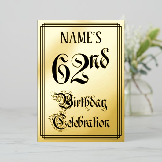 62e verjaardag Partij — Elegant Manuscript + de Na Folie Uitnodiging (Staand Voorkant)