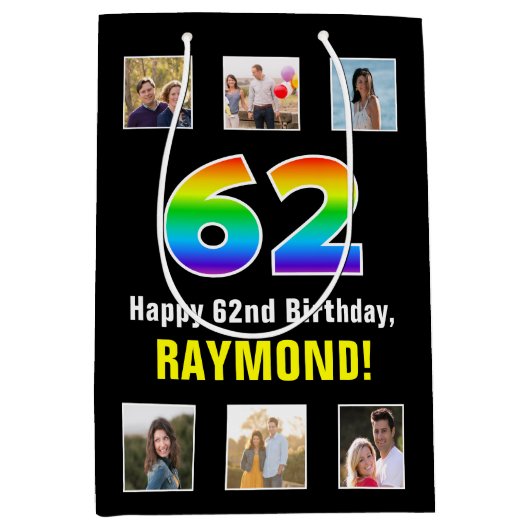 62e verjaardag: Regenboog "62", aangepaste foto's  Medium Cadeauzakje (Voorkant)