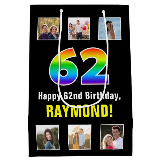 62e verjaardag: Regenboog "62", aangepaste foto's  Medium Cadeauzakje (Achterkant)