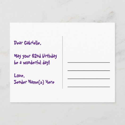 62e verjaardag: roze strepen en harten, regenboog briefkaart (Achterkant)