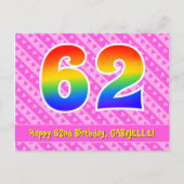 62e verjaardag: roze strepen & harten, regenboog 6 briefkaart (Voorkant)