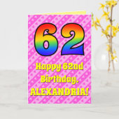 62e verjaardag: roze strepen & harten, regenboog # kaart (Gele Bloem)