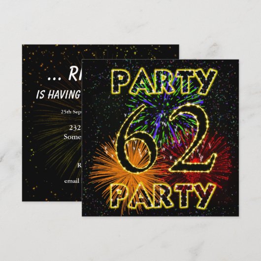 62e verjaardag uitnodiging met vuurwerk (Voorkant / Achterkant)