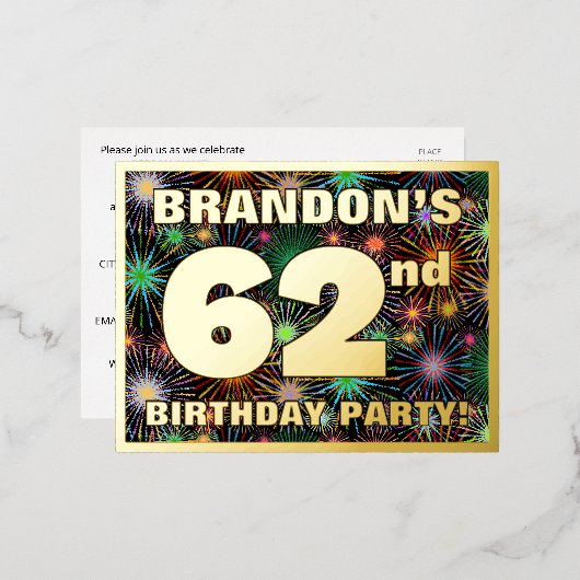 62e verjaardag: Vette, kleurrijke Fireworks-look Folie Uitnodiging Briefkaart (Voorkant / Achterkant)