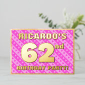 62e verjaardag - vuurroze harten en strips folie uitnodiging (Staand Voorkant)