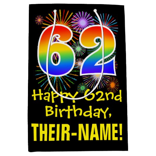 62e verjaardag: Vuurwerk Fun Pattern + Regenboog 6 Medium Cadeauzakje (Voorkant)