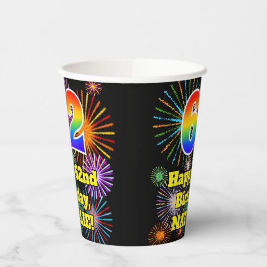 62e verjaardag: Vuurwerk Fun Pattern + Regenboog 6 Papieren Bekers (Links)