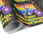 62e verjaardag: vuurwerk, regenboogblik # "62" cadeaupapier (Rol Hoek)
