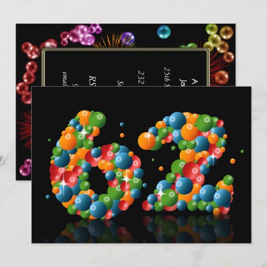 62e verjaardagsfeest, met bubbels en ballen kaart (Voorkant / Achterkant)