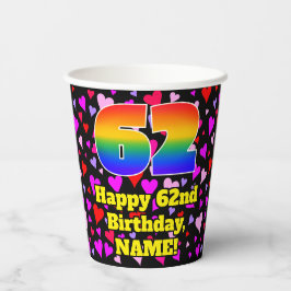 62nd Birthday: Loving Hearts Pattern, Rainbow 62 Papieren Bekers