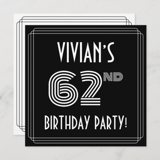 62nd Birthday Party: Art Deco Style w/ Custom Name Kaart (Voorkant / Achterkant)