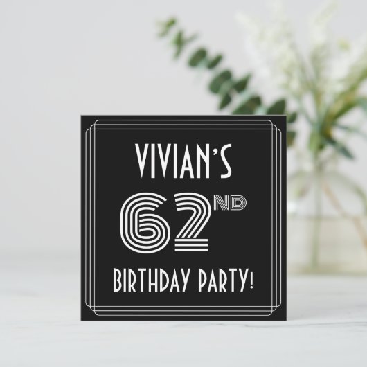 62nd Birthday Party: Art Deco Style w/ Custom Name Kaart (Staand voorkant)