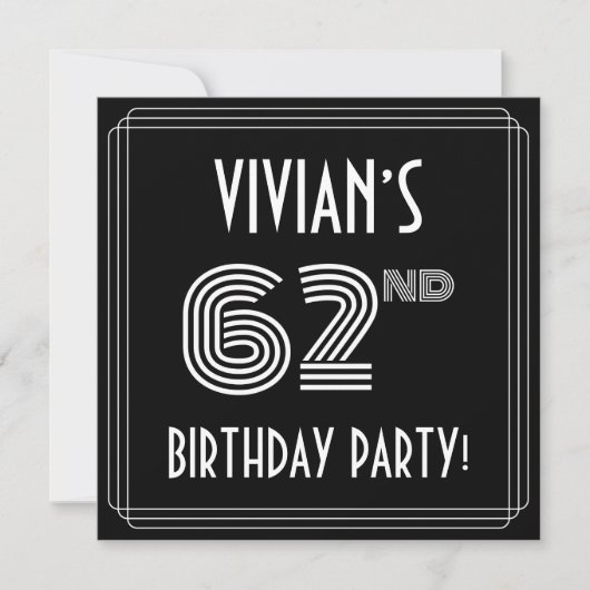 62nd Birthday Party: Art Deco Style w/ Custom Name Kaart (Voorkant)
