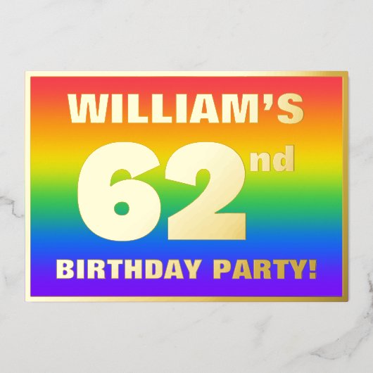 62ste verjaardagsfeest: leuk, kleurrijk regenboogp folie uitnodiging (Voorkant)