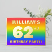 62ste verjaardagsfeest: leuk, kleurrijk regenboogp folie uitnodiging (Staand Voorkant)
