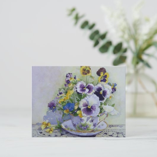 6300 Pansies in het Briefkaart Teacup (Staand voorkant)