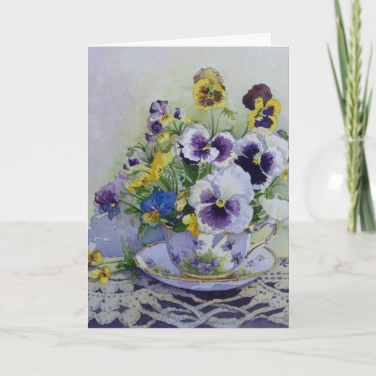 6300 Pansies in Teacup Birthday Card Kaart (Voorkant)