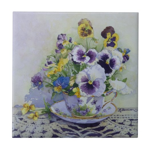 6300 Pansies in Teacup Tegeltje (Voorkant)