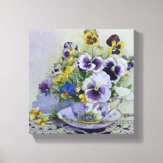 6300 Pansies in theekopje Verpakt canvas Print (Voorkant)