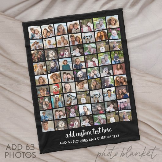 63 Foto Collage Raster - Aangepaste Tekst - Zwart Fleece Deken