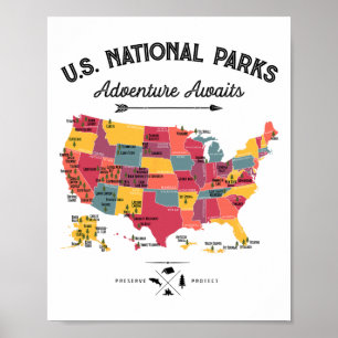 63 Nationale Parken Kaart Us Park Retro Vintage Ca Poster