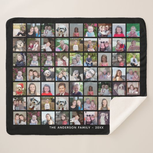 63 Square Photo Collage Grid met tekst - zwart Sherpa Deken (Voorkant (horizontaal))