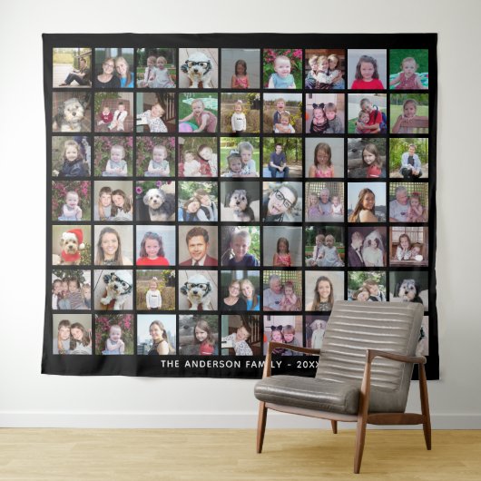 63 Square Photo Collage Grid met tekst - zwart Wandkleed (In Situ (horizontaal))