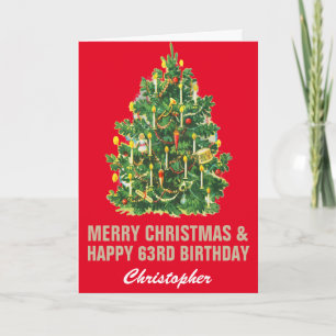 63e Happy Birthday en vrolijk kerstrood en goud Kaart