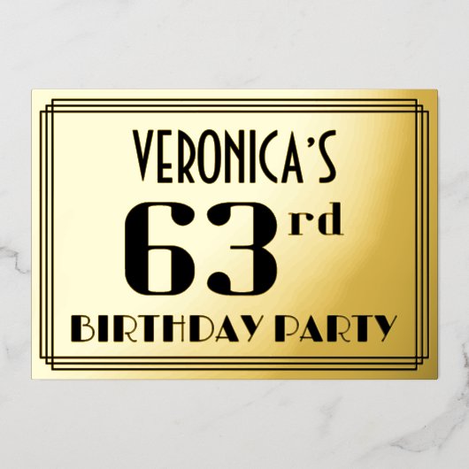 63e verjaardag: Art Deco Kijk "63" en naam Folie Uitnodiging (Voorkant)