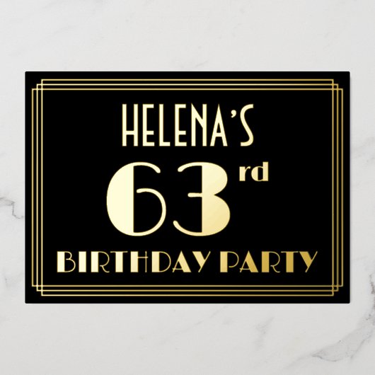 63e verjaardag: Art Deco Kijk "63", met naam Folie Uitnodiging (Voorkant)