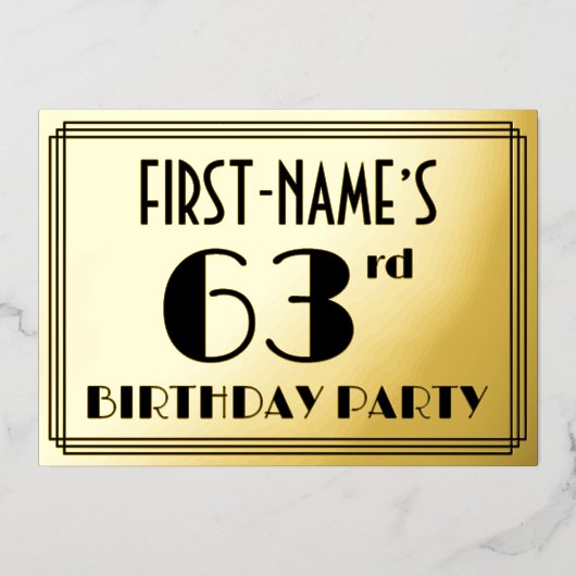 63e verjaardag — Art Deco look "63" + Naam Folie Uitnodiging (Voorkant)