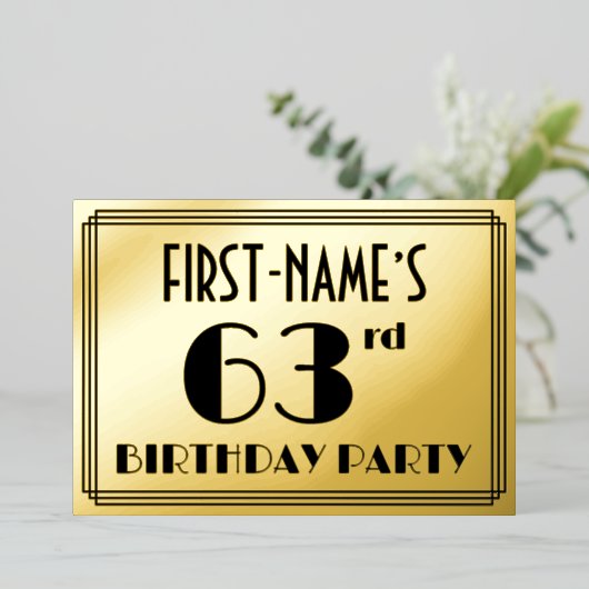 63e verjaardag — Art Deco look "63" + Naam Folie Uitnodiging (Staand Voorkant)