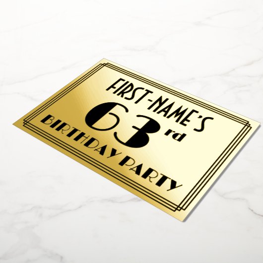 63e verjaardag — Art Deco look "63" + Naam Folie Uitnodiging (Gedraaid)