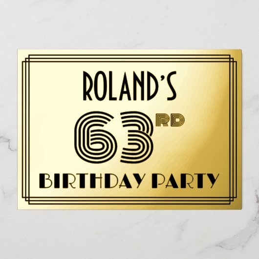 63e verjaardag — Art Deco Style "63" en naam Folie Uitnodiging (Voorkant)