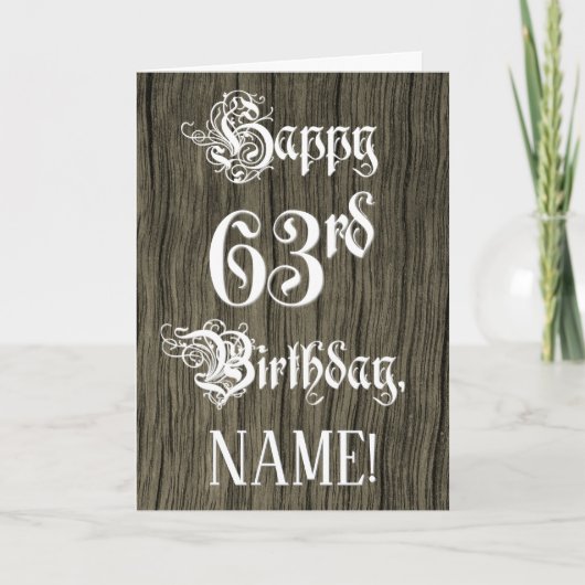 63e verjaardag: Fancy, elegante tekst; Faux Wood K Kaart (Voorkant)