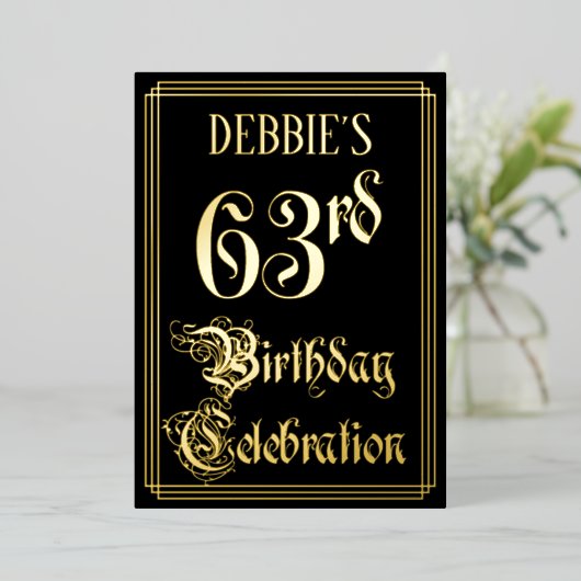 63e verjaardag — Fancy script en aangepaste naam Folie Uitnodiging (Staand Voorkant)