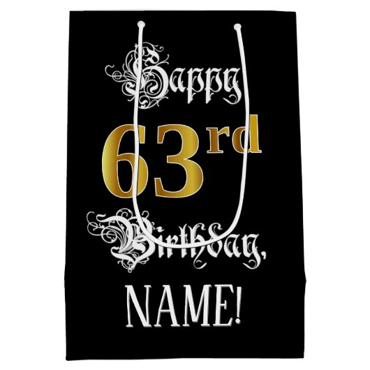 63e verjaardag ~ Fancy script; Faux Gold look; naa Medium Cadeauzakje (Achterkant)