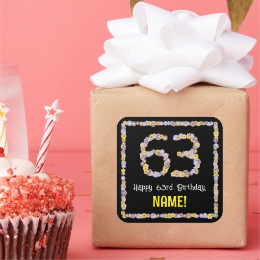 63e verjaardag: Floral Flowers Number, Custom Name Vierkante Sticker (Feest)