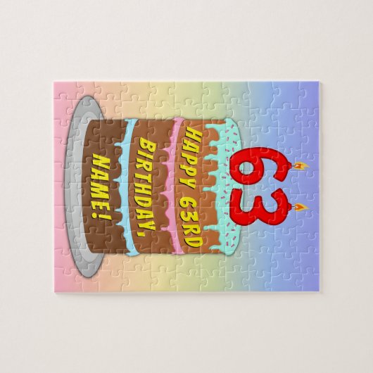 63e verjaardag: Fun Cake and Candles + Custom Name Legpuzzel (Horizontaal)