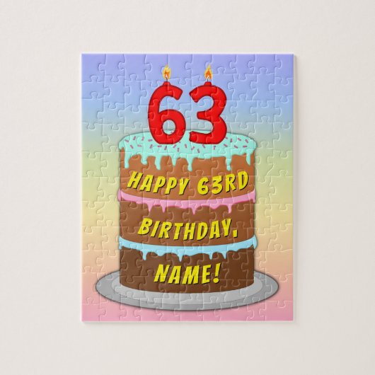 63e verjaardag: Fun Cake and Candles + Custom Name Legpuzzel (Verticaal)