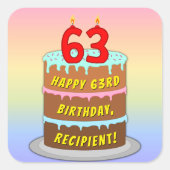 63e verjaardag: Fun Cake and Candles + Custom Name Vierkante Sticker (Voorkant)