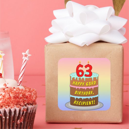 63e verjaardag: Fun Cake and Candles + Custom Name Vierkante Sticker (Feest)