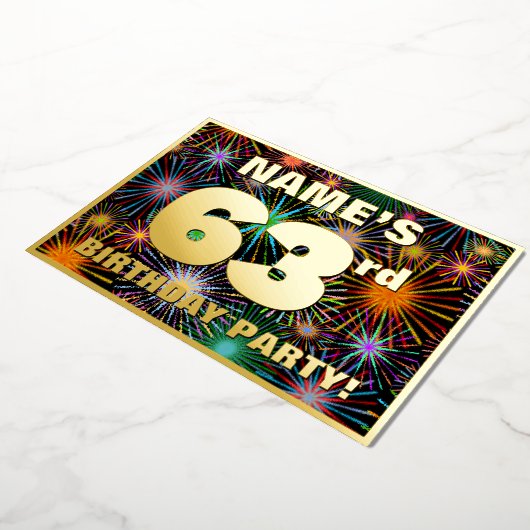 63e verjaardag — Fun, kleurrijke Fireworks look Folie Uitnodiging (Gedraaid)