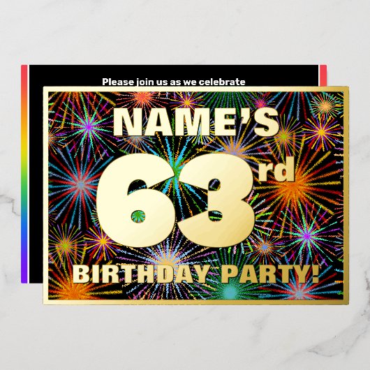 63e verjaardag — Fun, kleurrijke Fireworks look Folie Uitnodiging (Voorkant / Achterkant)