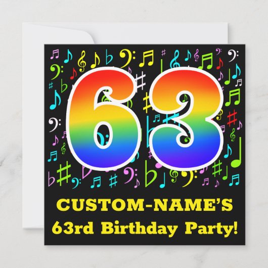 63e verjaardag: Fun Music Symbols, Rainbow 63 Kaart (Voorkant)